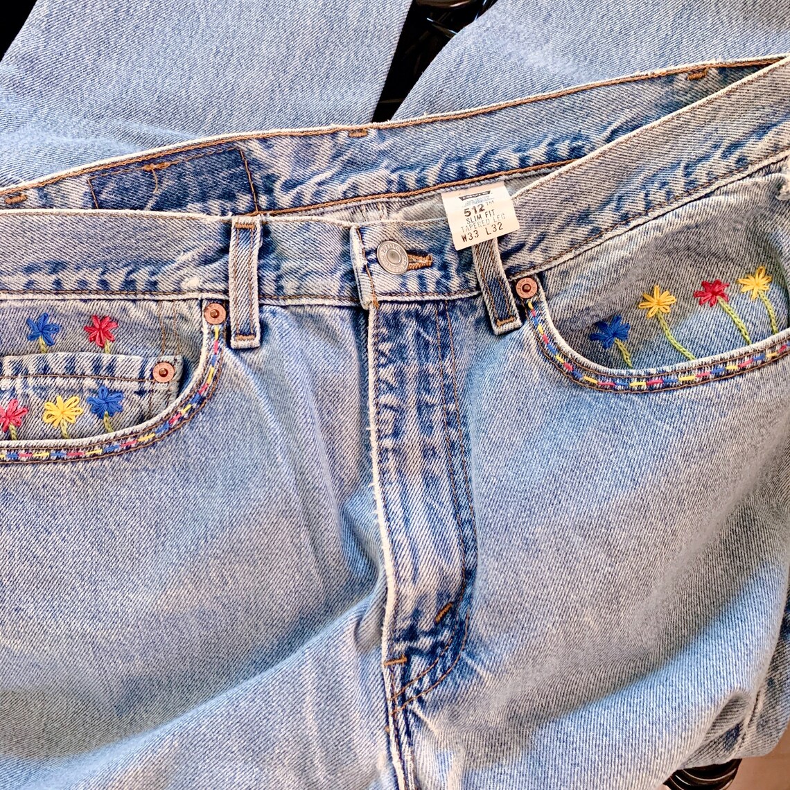 Unique Garden Flowers Hand Embroidered Levis 512 Denim Jeans Etsy