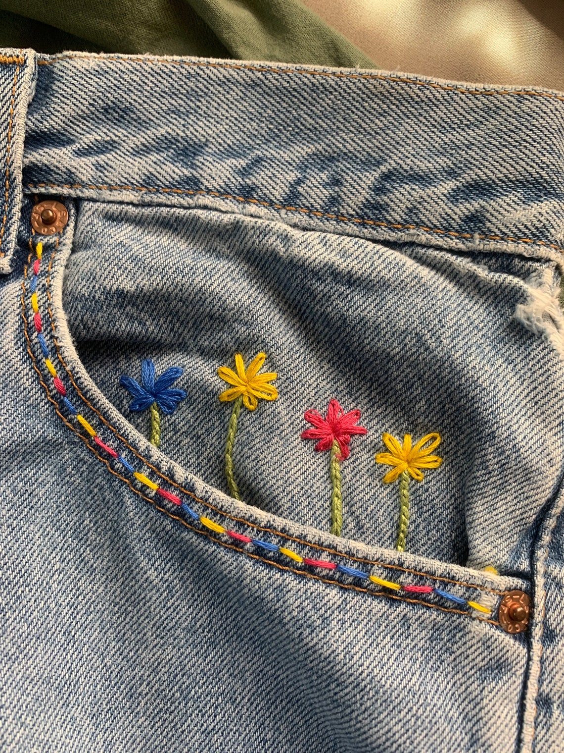 Unique Garden Flowers Hand Embroidered Levis 512 Denim Jeans Etsy