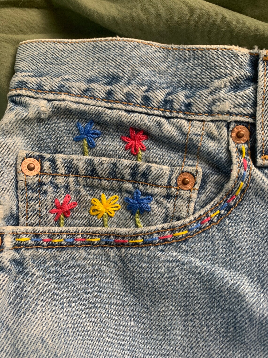 Unique Garden Flowers Hand Embroidered Levis 512 Denim Jeans Etsy