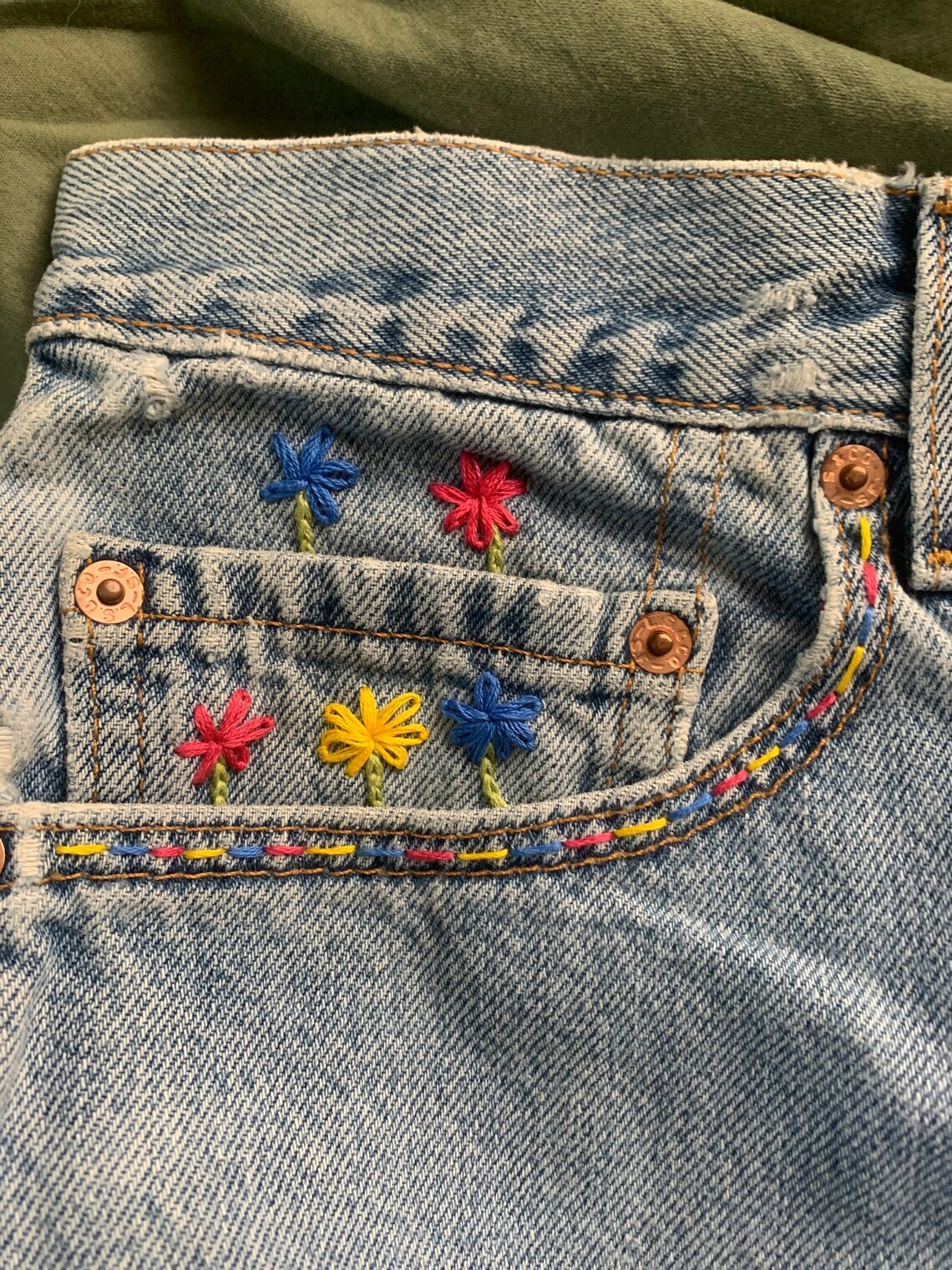 Unique Garden Flowers Hand Embroidered Levis 512 Denim Jeans | Etsy