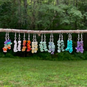 Puede incluir: Un conjunto de 10 pares de pendientes de piedras preciosas, cada par con un color diferente de piedras semipreciosas. Los pendientes están dispuestos en orden de arcoíris, de morado a rojo. Los pendientes están colgados de una rama.