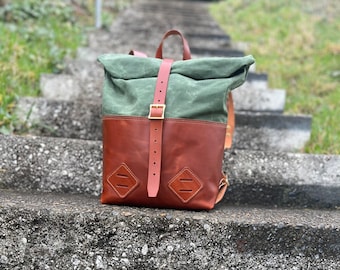 Handcrafted Leather & Waxed Canvas Roll-Top Backpack