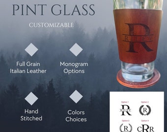 Monogrammed Pint Glass Personalized with Leather Sleeve