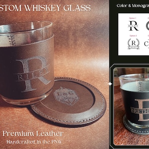 Monogrammed Whiskey Glass Personalized with Leather Sleeve