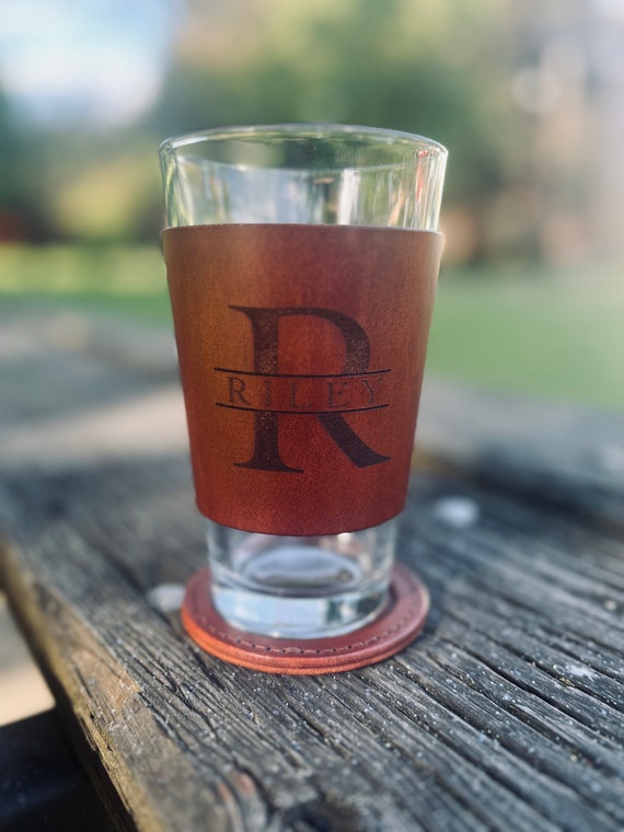Monogrammed Pint Glass Personalized with Leather Sleeve