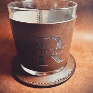 Monogrammed Whiskey Glass Personalized with Leather Sleeve