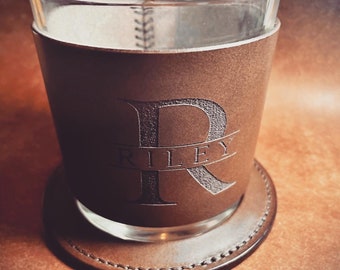 Monogrammed Whiskey Glass Personalized with Leather Sleeve