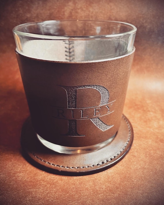 Monogrammed Whiskey Glass Personalized with Leather Sleeve