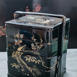 Japanese Jubako / Bento Black/red Lacquerware, Maki-e Box Set,1900&#39;s