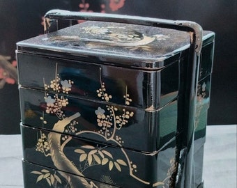 Japanese Jubako / Bento Black/red Lacquerware, Maki-e Box Set,1900&#39;s