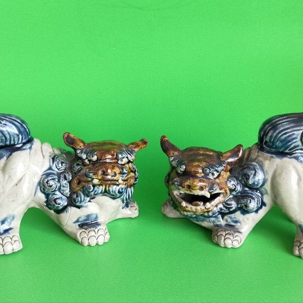 A Pair of Antique Japanese Blue Ceramic Foo Dogs. Hand painted, Possibly 1930's Great condition!