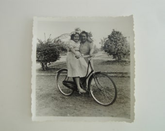 Original Vintage Photograph . Happy Mum and Daughter . Girl on the Bike . ca.1950s