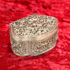 Vintage chinesische Cupronickel Schmuckschatulle, filigranes Vogelmuster, versilberte Schmuckschatulle, Original antikes Geschenk, seltenes Dekor