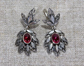 Silver vintage earrings Soviet sterling silver 925 with garnet red stone