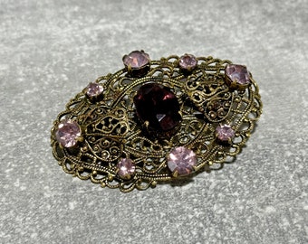 Vintage Bronze Brooch: Red Stone USSR Costume Jewelry
