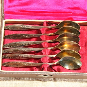 Conjunto vintage de 6 colheres de chá de cuproníquel, Cuproníquel banhado a prata, Talheres antigos vintage. 15,5 centímetros