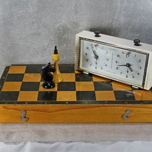 Vintage Wooden Chess Set with Clock, Soviet Table Game