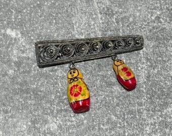 Vintage 875 Silver Brooch: Openwork Nesting Doll Design