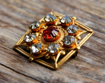 Vintage USSR Brooch: Red Stone Costume Jewelry