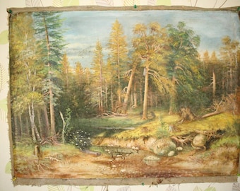 Vintage oil painting on canvas, antique oil painting USSR Pine Forest