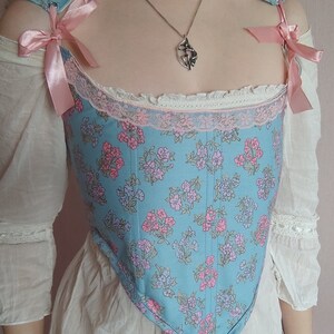 Handmade boned corset top in blue and white stripe and French Toile De Jouy  with lace up back