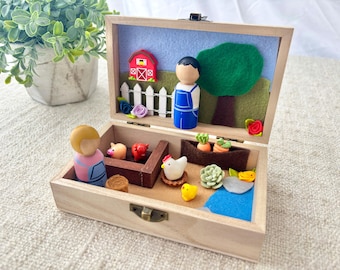 Farm Peg People Play Set, Farm Animals, Peg Doll Playset, Travel Toy For Kids