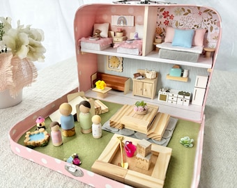 Peg Doll Suitcase Dollhouse With A Back Yard, Travel Dollhouse, Portable Doll house, Gift for Girls, Peg Doll Play Set