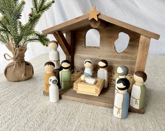 Rustic Peg Doll Nativity, 12 piece set, Peg People Set, Kid Friendly Nativity, Peg People