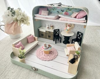 1:12 scale Suitcase Doll House, Girls Gift, Travel dollhouse, Portable Dollhouse, Furnished Dollhouse