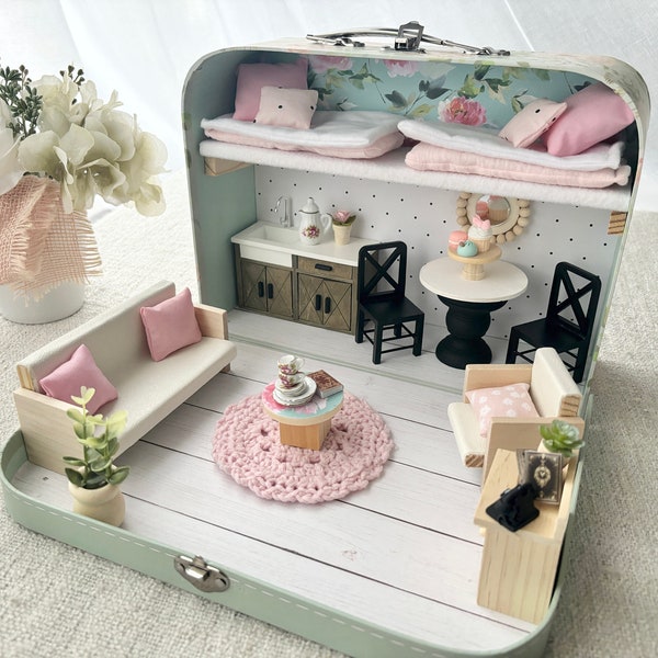 1:12 scale Suitcase Doll House, Girls Gift, Travel dollhouse, Portable Dollhouse, Furnished Dollhouse