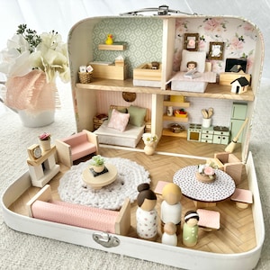 Suitcase Peg Doll House With Baby Nursery And Family Of Four, 2 Story Dollhouse, Travel Dollhouse, Portable Doll House, Gift For Girl