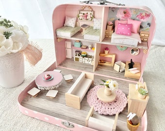 Peg Doll Suitcase Doll House With A Craft Room, Peg Doll Family Of 4, Portable Dollhouse, Take Along Toy