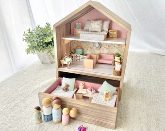 Small Wooden Dollhouse With furniture And Peg Doll Family, Girls Gift, Peg Dollhouse