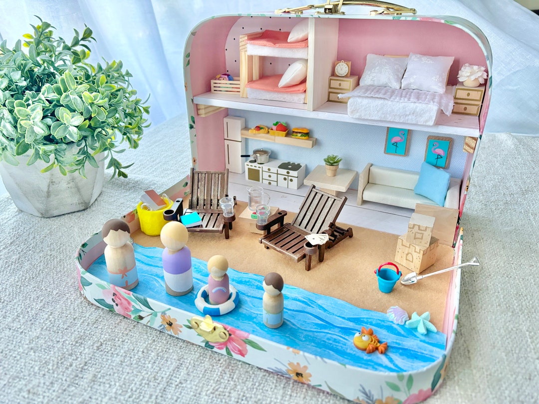 Peg Doll Beach House in a Suitcase, Suitcase Dollhouse, Family of Four