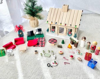 Peg Doll Christmas Cabin: Folding Dollhouse with Accessories