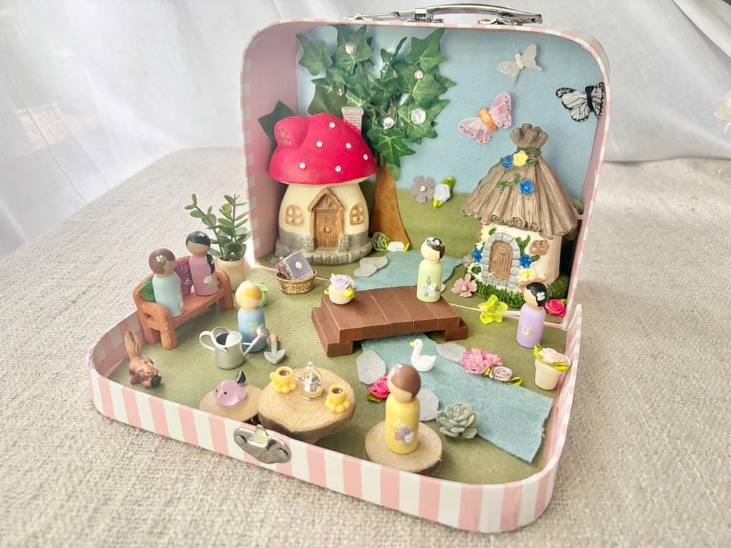 Fairy Peg Doll Garden In A Suitcase, Mini Peg Doll Fairies, Peg Doll Playset, Travel Playkit For kids, Gift for Girls