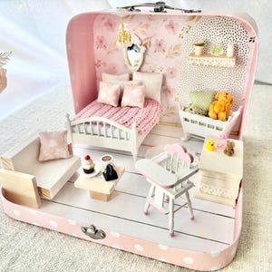 1:12 Scale Suitcase Dollhouse With Large Bed And Baby Furniture, Maileg Dollhouse, Travel Dollhouse, Gift For Girls