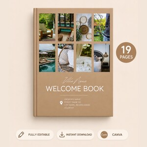 Peut inclure: Un livre d'accueil beige de 19 pages avec un collage de huit photos intérieures et extérieures. La couverture affiche le texte Villa Name WELCOME BOOK, une icône de localisation et des espaces pour le nom, la rue, la ville et le pays.