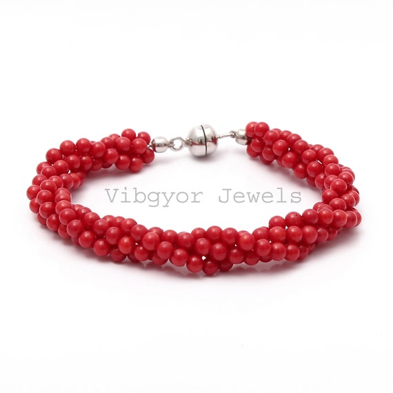 Natural Red Coral Beaded Bracelet 4 Mm Red Coral Bracelet 8 Inch