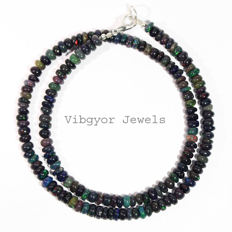 5.5 mm Ethiopian Opal Beads Necklace,18 Inch Ethiopian Opal Necklace AAA Black Opal Smooth Rondelle Necklace Ethiopian Black Opal Necklace