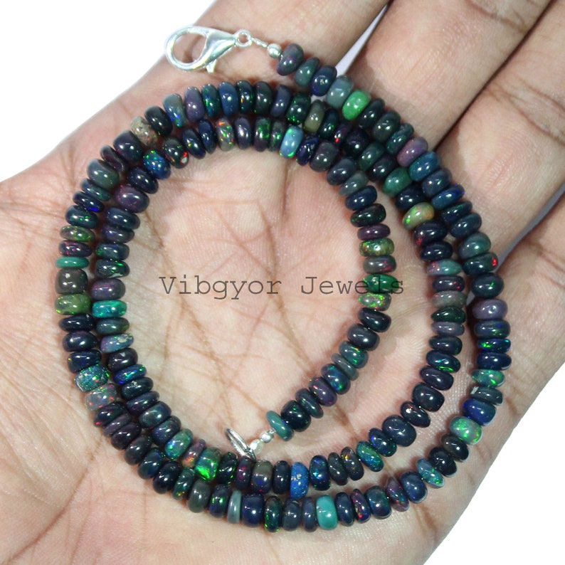 5.5 mm Ethiopian Opal Beads Necklace,18 Inch Ethiopian Opal Necklace AAA Black Opal Smooth Rondelle Necklace Ethiopian Black Opal Necklace