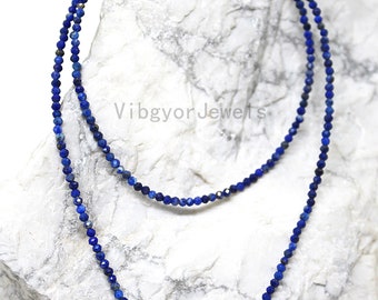 Natural Lapis Beaded Necklace, Lapis Micro Faceted Round Beaded Jewelry,18 Inch Lapis Lazuli Beaded Necklace, 2.5mm Lapis Beads Necklace