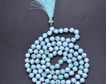 Natural Larimar 108 Beads Mala Necklace, 8mm Larimar Round Beads Mala, Hand knotted Tassel Necklace, Meditation Mala, Handmade Japa Mala