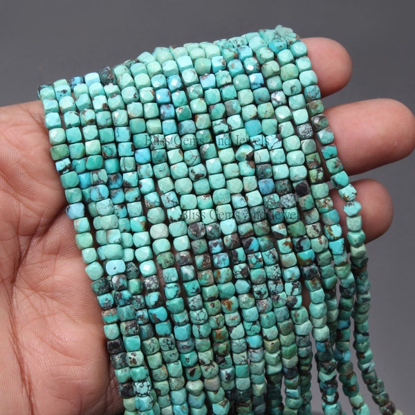 Natural Turquoise 4mm Cube Faceted Square Box-12.5 inch Long Strand-Arizona Multi Turquoise Semi Fancy Briolette Beads-Turquoise Dice Beads