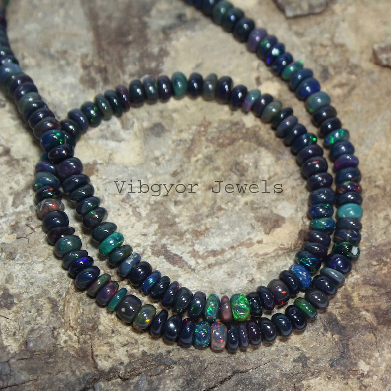 5.5 mm Ethiopian Opal Beads Necklace,18 Inch Ethiopian Opal Necklace AAA Black Opal Smooth Rondelle Necklace Ethiopian Black Opal Necklace