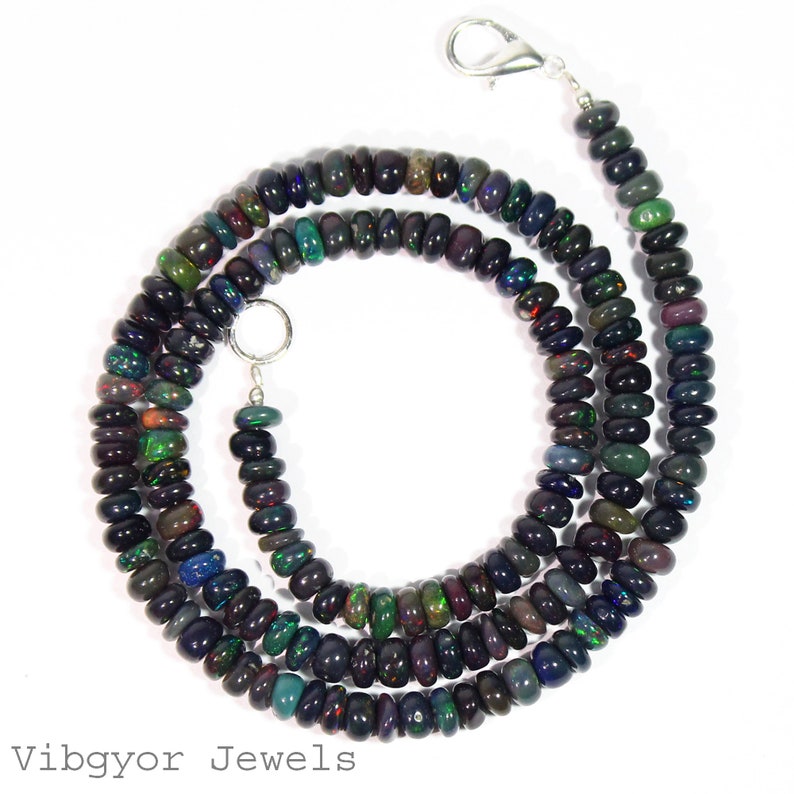 5.5 mm Ethiopian Opal Beads Necklace,18 Inch Ethiopian Opal Necklace AAA Black Opal Smooth Rondelle Necklace Ethiopian Black Opal Necklace