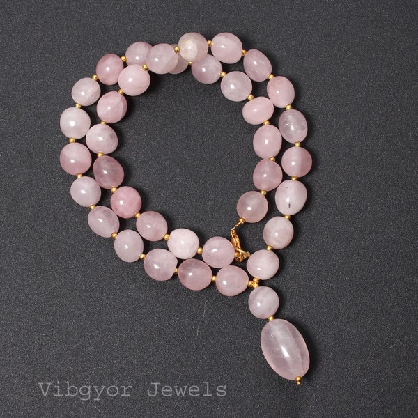 Smooth Tumble Rose Quartz Beads Necklace, 10x11/22x14mm Rose Quartz Beaded Necklace, Rose Quartz Pendant Beads Necklace,Rose Quartz Necklace