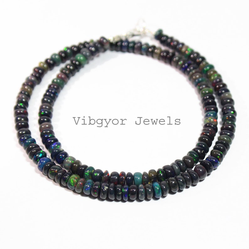 5.5 mm Ethiopian Opal Beads Necklace,18 Inch Ethiopian Opal Necklace AAA Black Opal Smooth Rondelle Necklace Ethiopian Black Opal Necklace