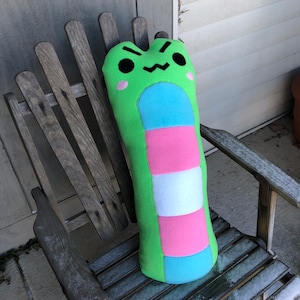 May include: A green and pink plush pillow shaped like a frog with a transgender pride flag design. The frog has a grumpy expression with black eyes and a pink blush.