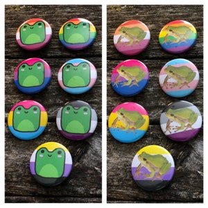 May include: A set of 10 round buttons featuring different pride flags with a green frog on each. The flags include the transgender, lesbian, gay, bisexual, pansexual, asexual, non-binary, genderfluid, intersex, and progress pride flags.